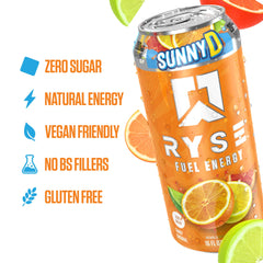 Vibrant label of RYSE Fuel SunnyD Tangy Original highlighting caffeine, taurine and choline