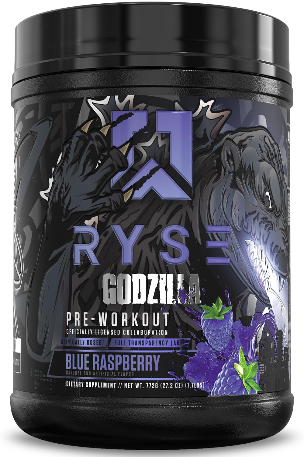 RYSE Godzilla blue raspberry bottle showcases bold flavor for energized workouts.