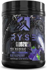 RYSE Godzilla blue raspberry bottle showcases bold flavor for energized workouts.