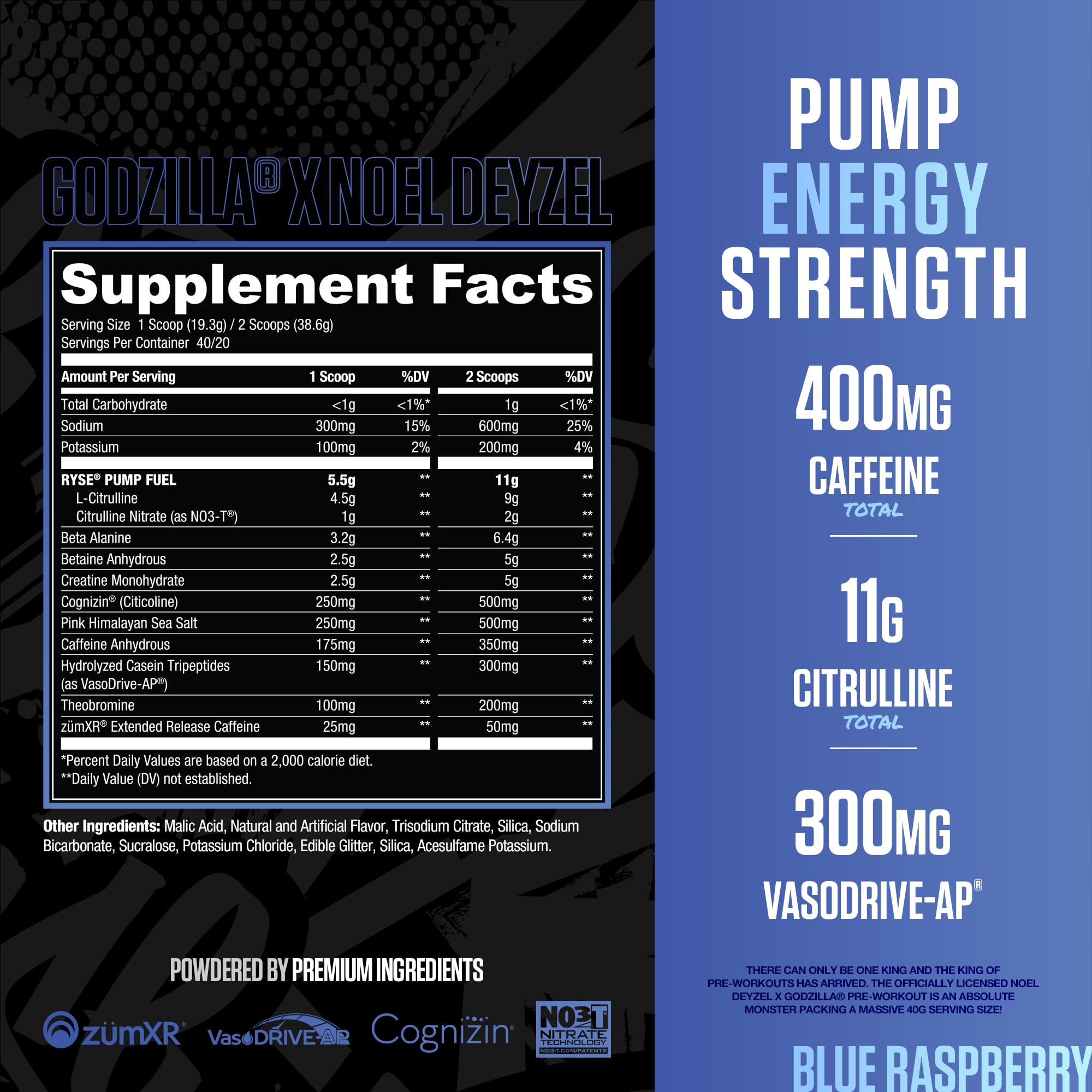 RYSE Godzilla pre-workout scoop and bottle ready for a high-stim session.