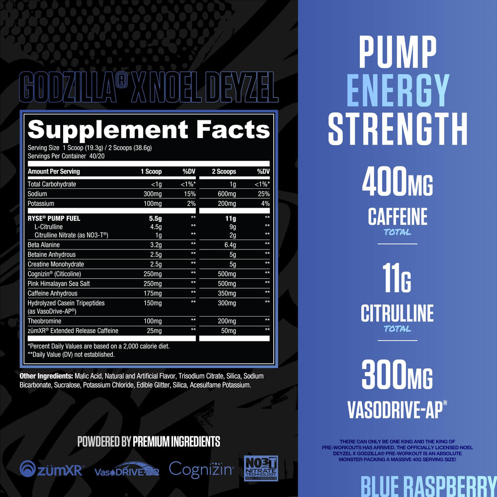RYSE Godzilla pre-workout scoop and bottle ready for a high-stim session.