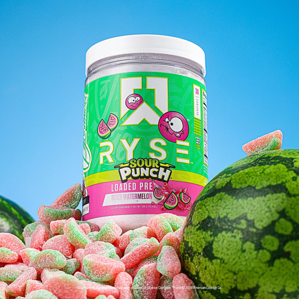 RYSE Loaded Pre Workout bottle graphic emphasizing pump and focus benefits.