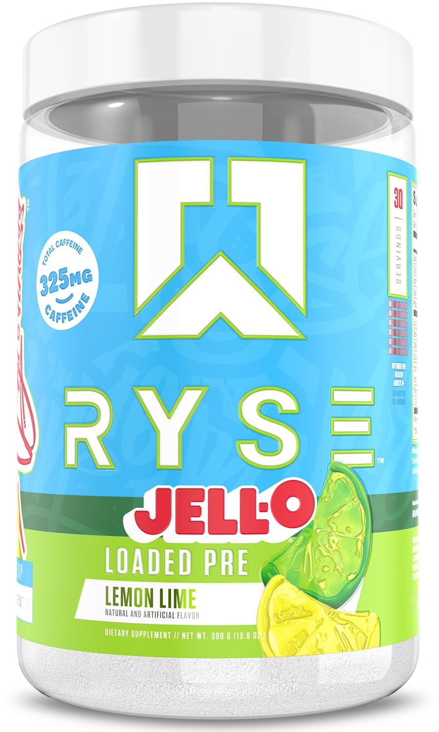 RYSE Loaded Pre-Workout jar front shows bold Jell-O Lemon Lime for energized sessions.