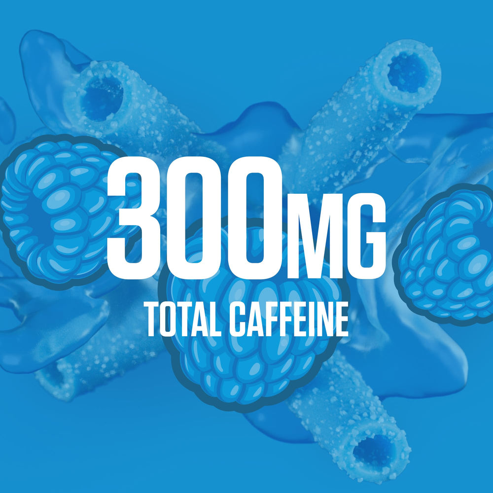 Ryse Loaded Sour Punch Blue Raz bottle label highlighting 300 mg caffeine.