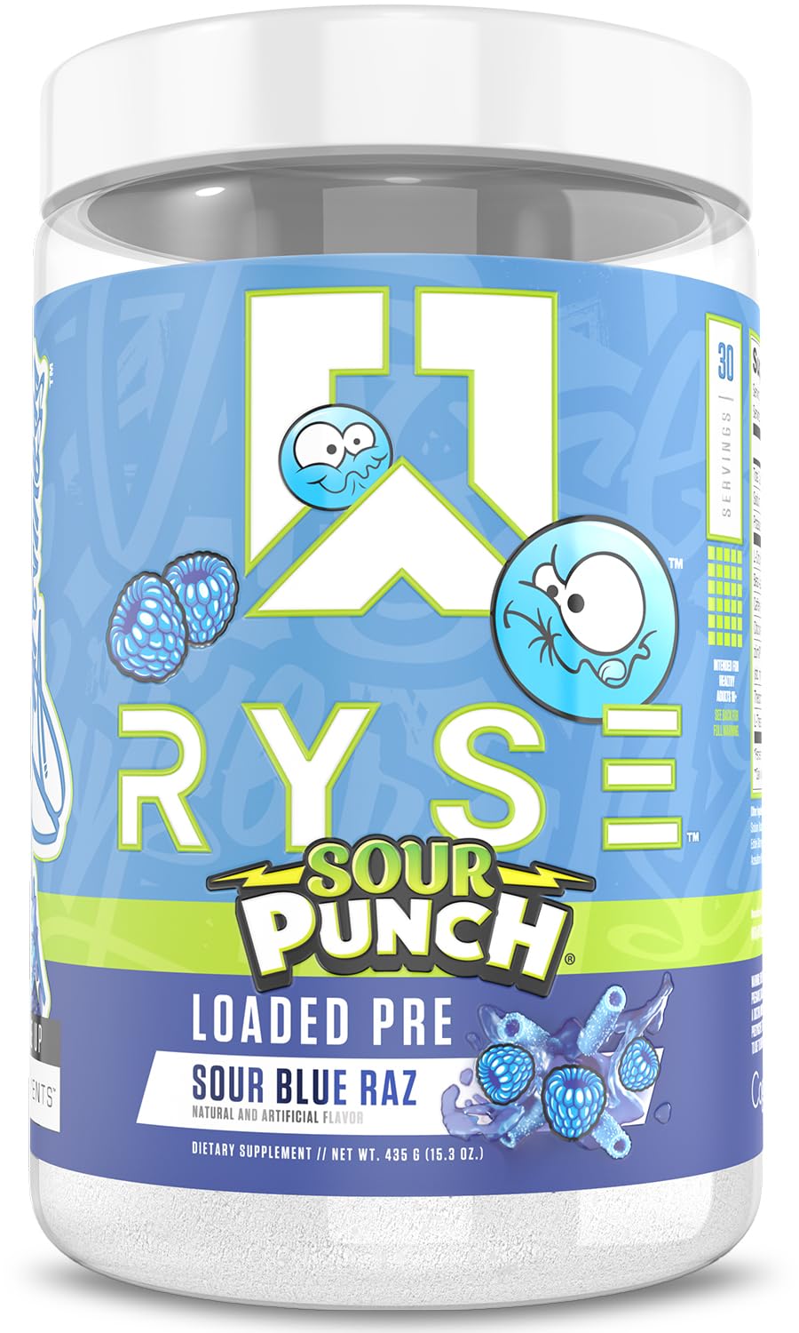 Ryse Loaded Sour Punch Blue Raz tub energizes workouts with a bold flavor.