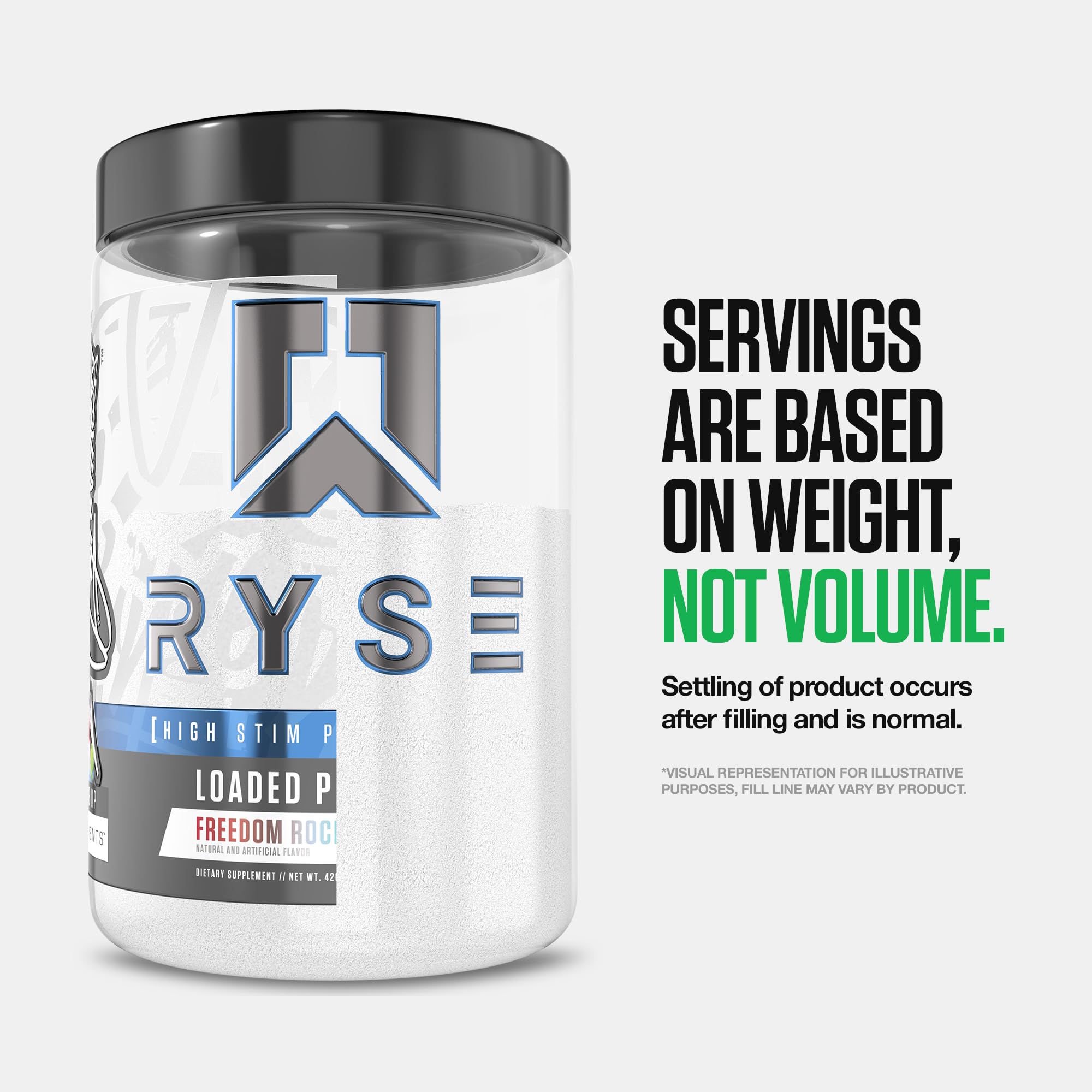 RYSE Loaded scoop beside tub suggests convenient use before training.