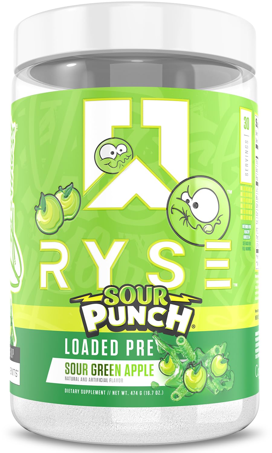 RYSE Loaded Pre Workout Sour Punch Green Apple bottle pour demonstrating energizing flavor.