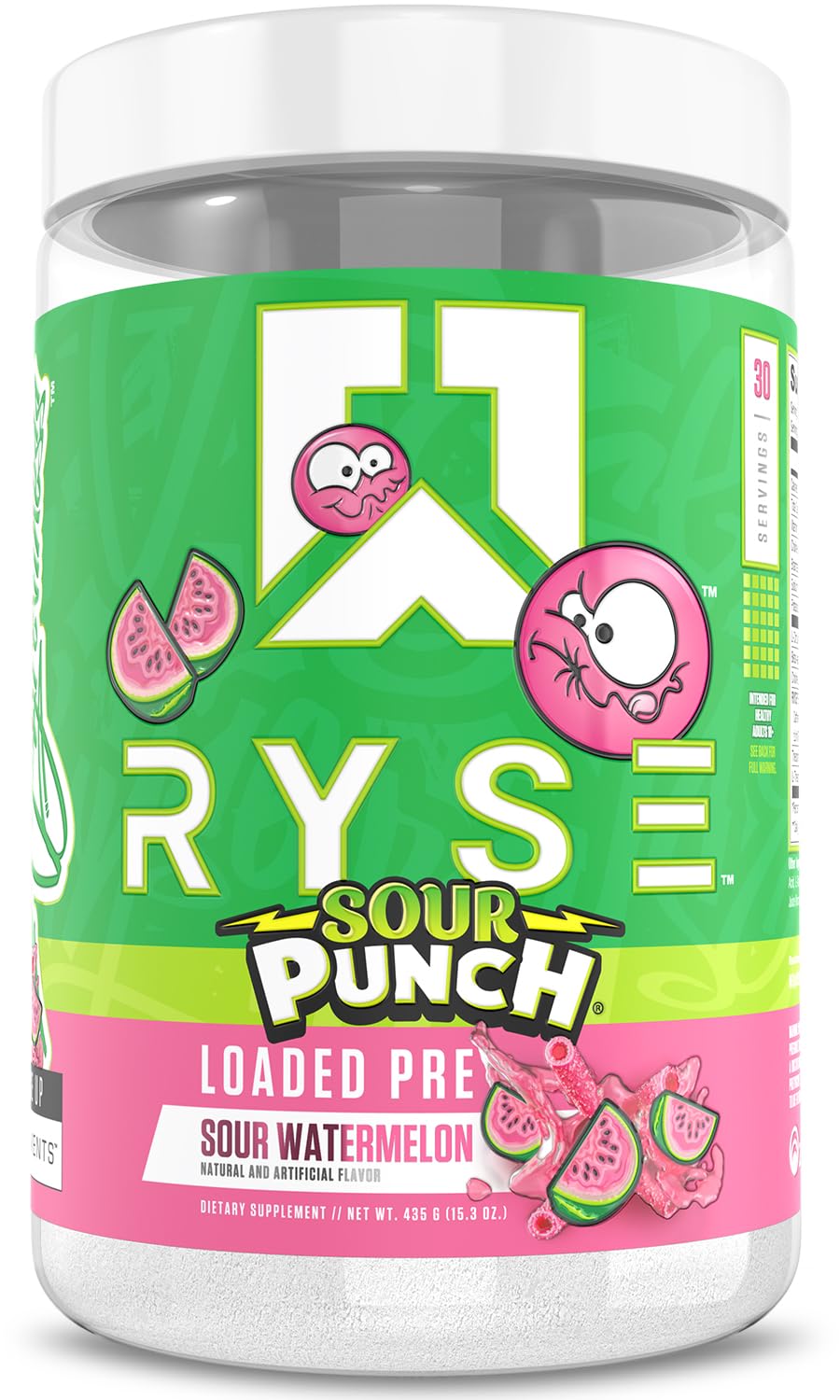 RYSE Loaded Pre Workout Sour Punch Watermelon label closeup highlighting transparency.