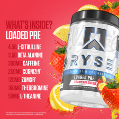 Ryse Loaded Pre Workout Strawberry Squeeze label highlights caffeine blend and serving size.