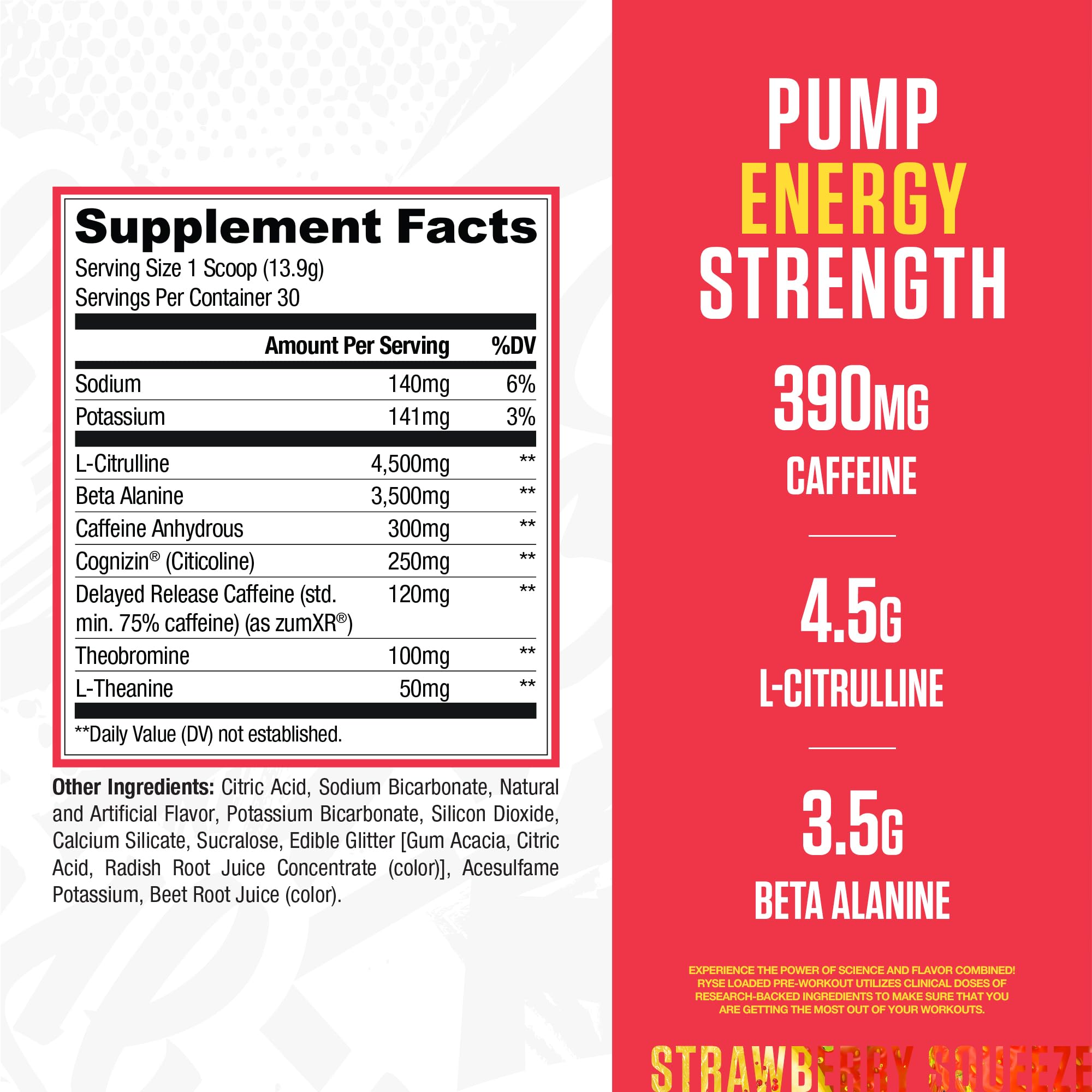 Ryse Loaded Pre Workout Strawberry Squeeze scoop demonstrates precise dosage for workouts.