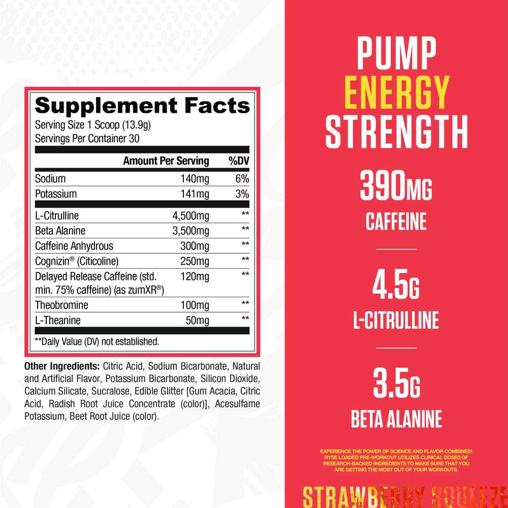 Ryse Loaded Pre Workout Strawberry Squeeze scoop demonstrates precise dosage for workouts.