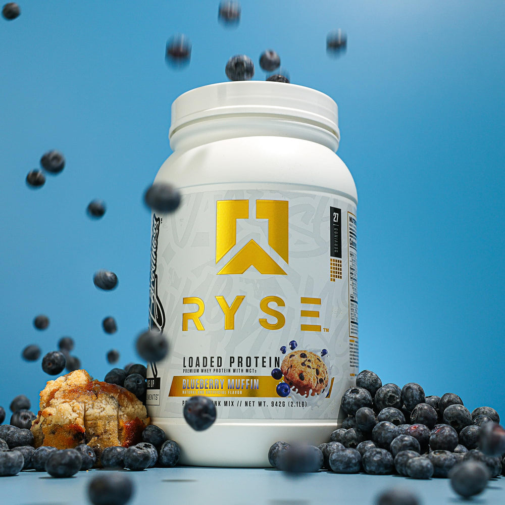 RYSE Loaded Protein Powder Blueberry Muffin bottle serves as convenient on-the-go fueling.