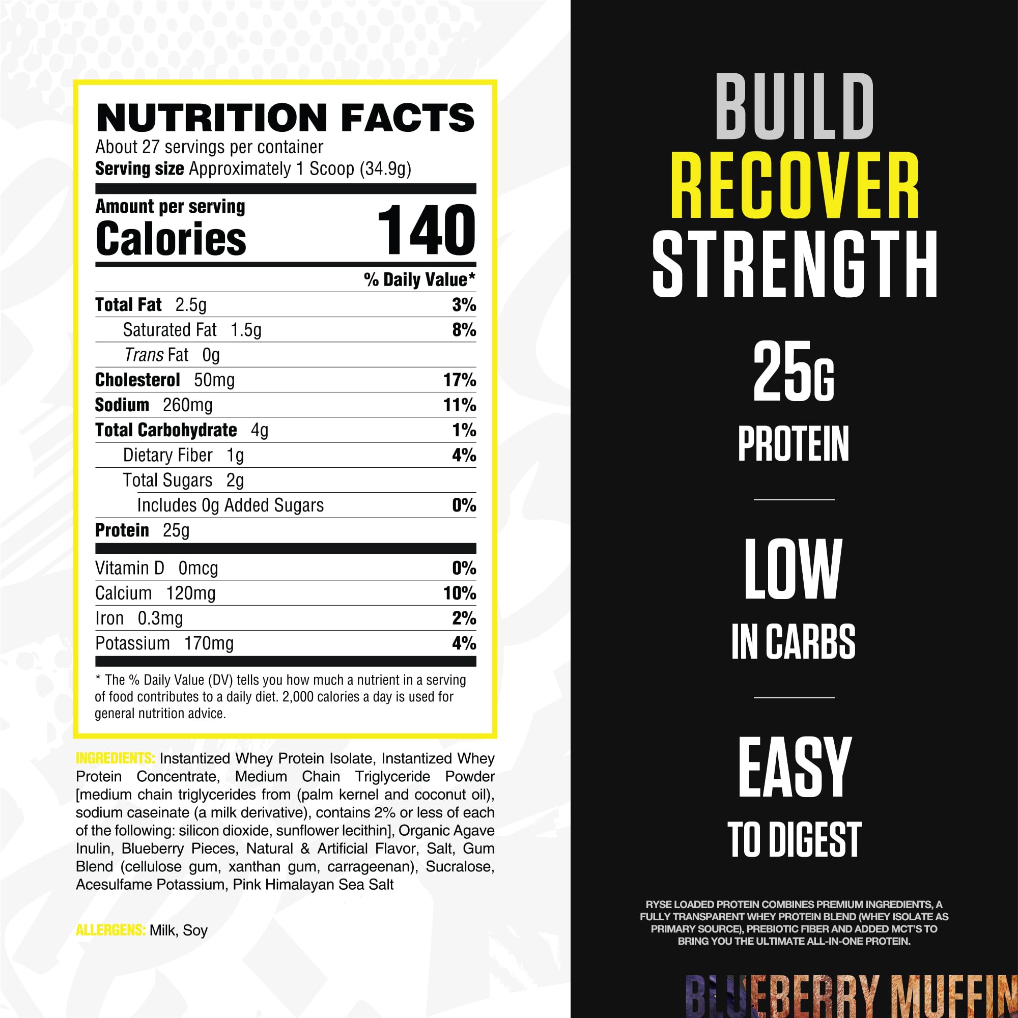 RYSE Loaded Protein Powder Blueberry Muffin blends into a creamy shake for gut-friendly nutrition.