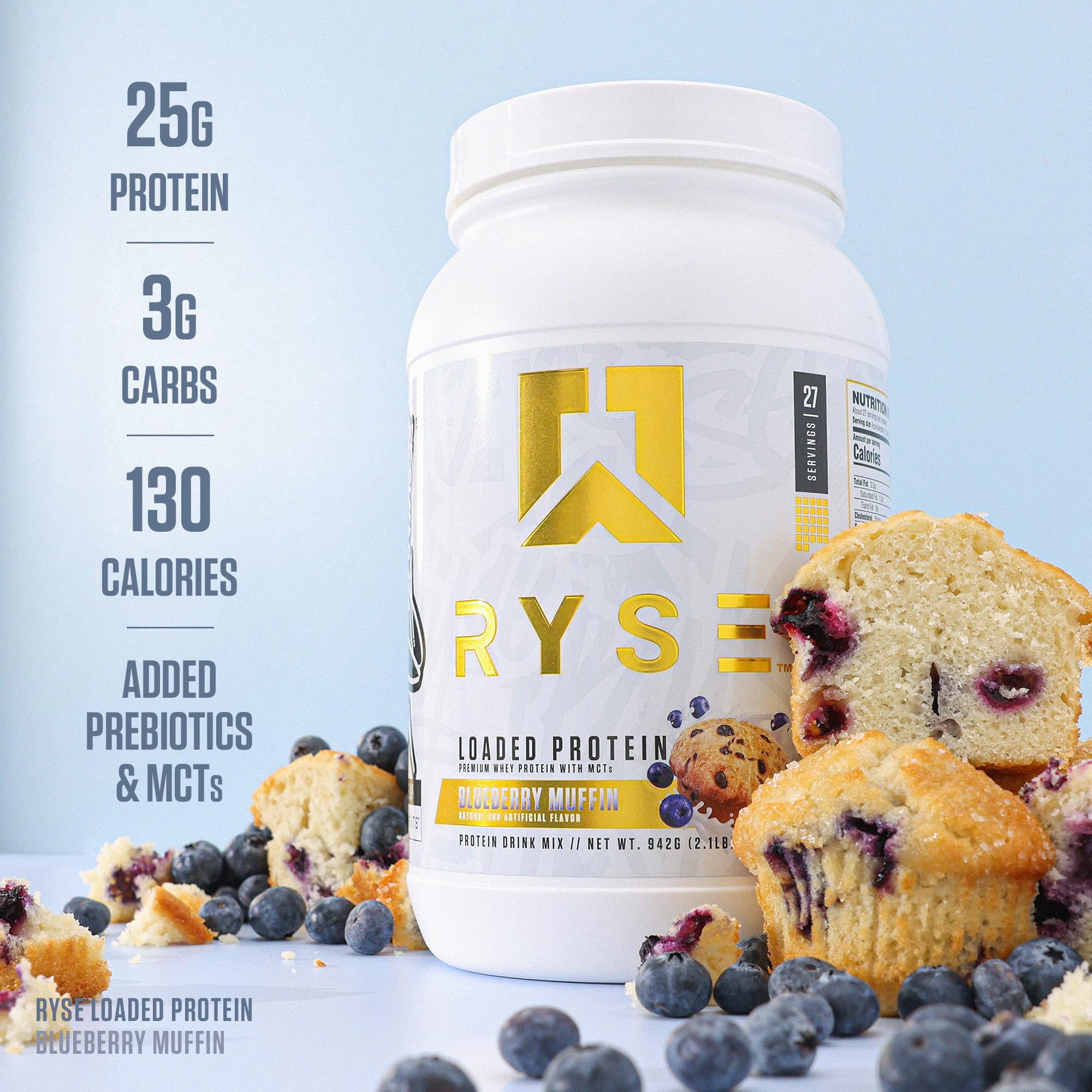 RYSE Loaded Protein Powder Blueberry Muffin tub closeup highlights high-quality ingredients.
