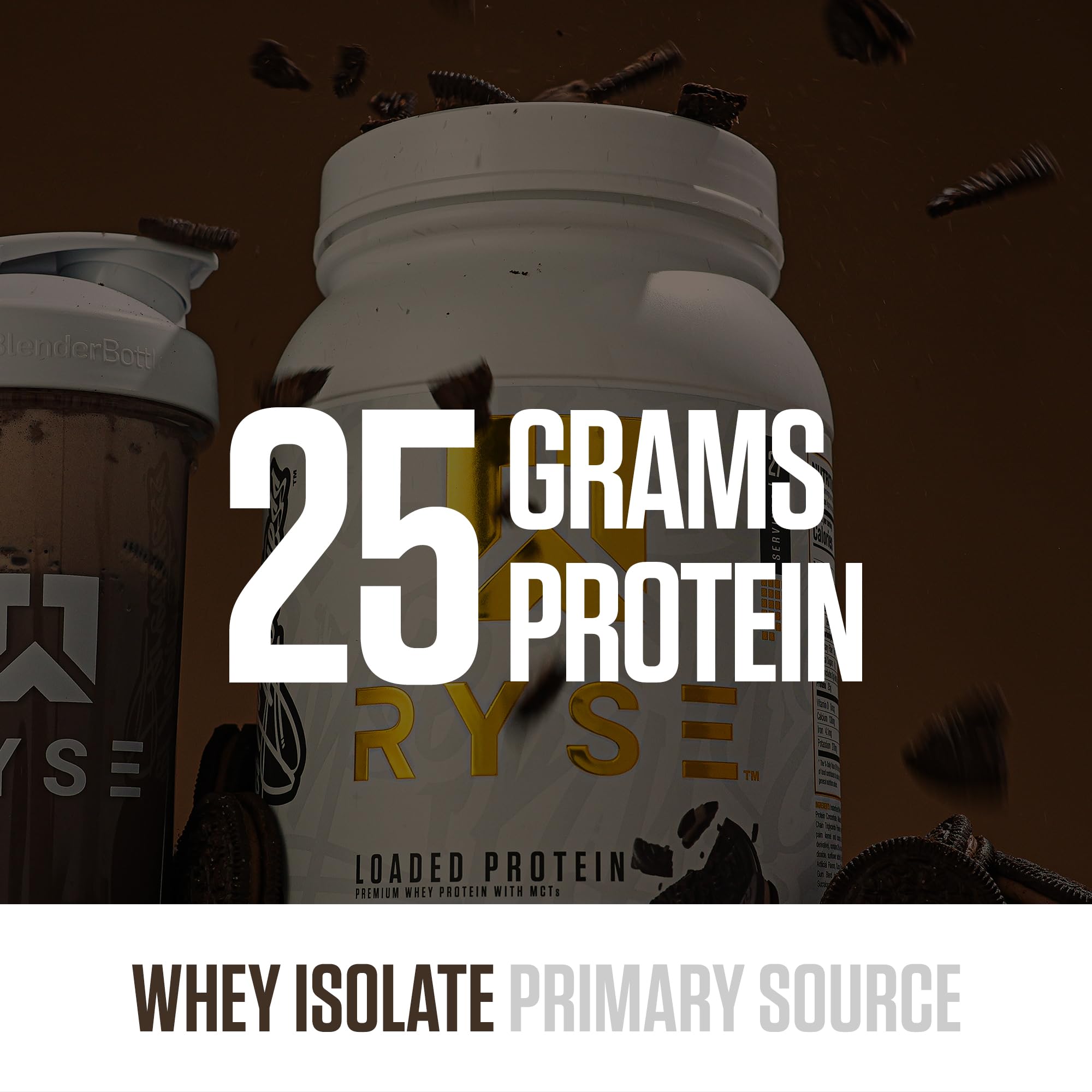 Close-up of serving scoop in front of RYSE Loaded Protein tub