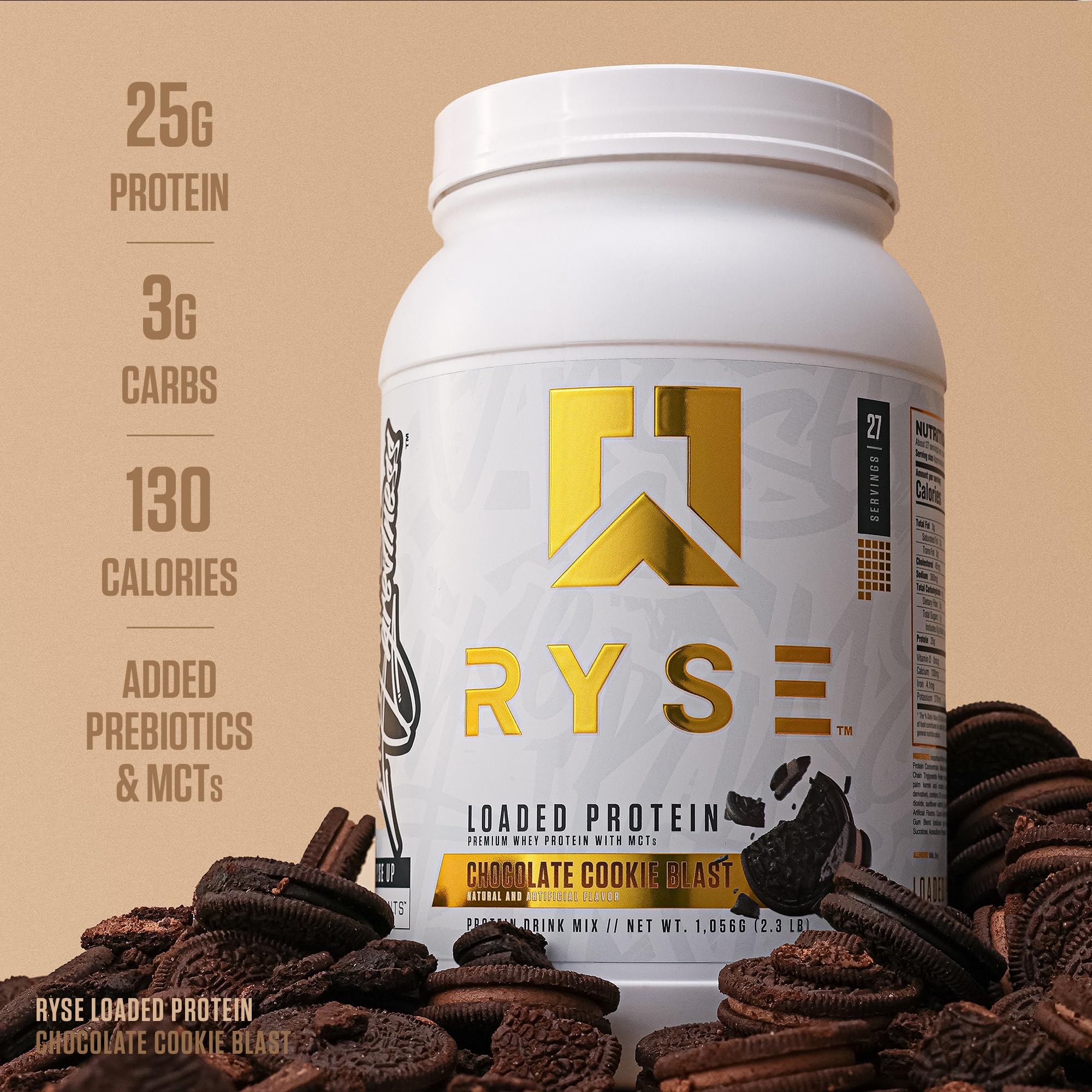 Front view of RYSE Loaded Protein Chocolate Cookie Blast tub