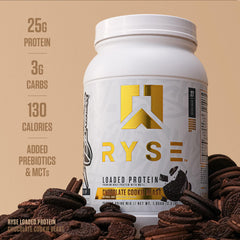 Front view of RYSE Loaded Protein Chocolate Cookie Blast tub