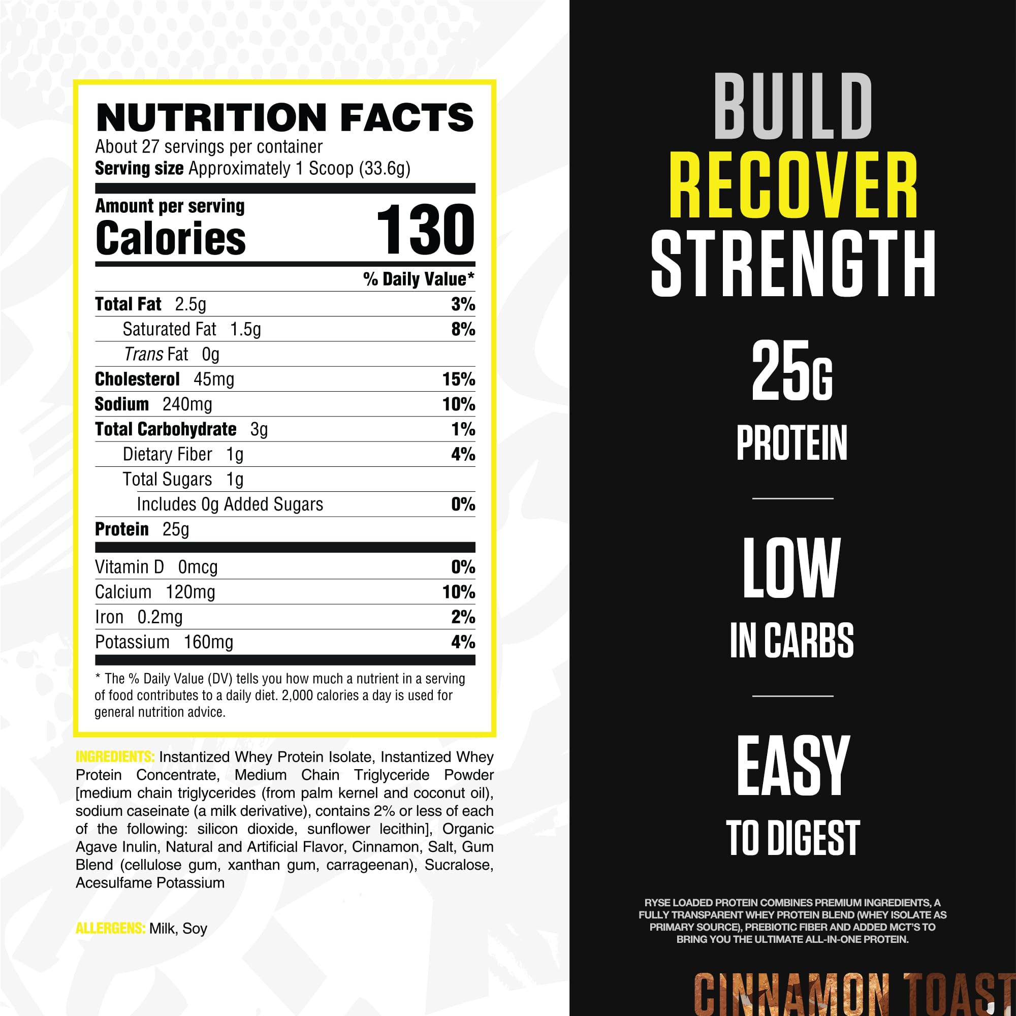 RYSE Loaded Protein Cinnamon Toast powder scoop on a surface ready to mix for a quick shake.