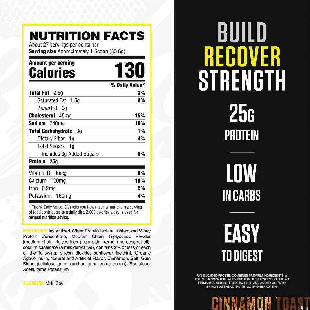 RYSE Loaded Protein Cinnamon Toast powder scoop on a surface ready to mix for a quick shake.