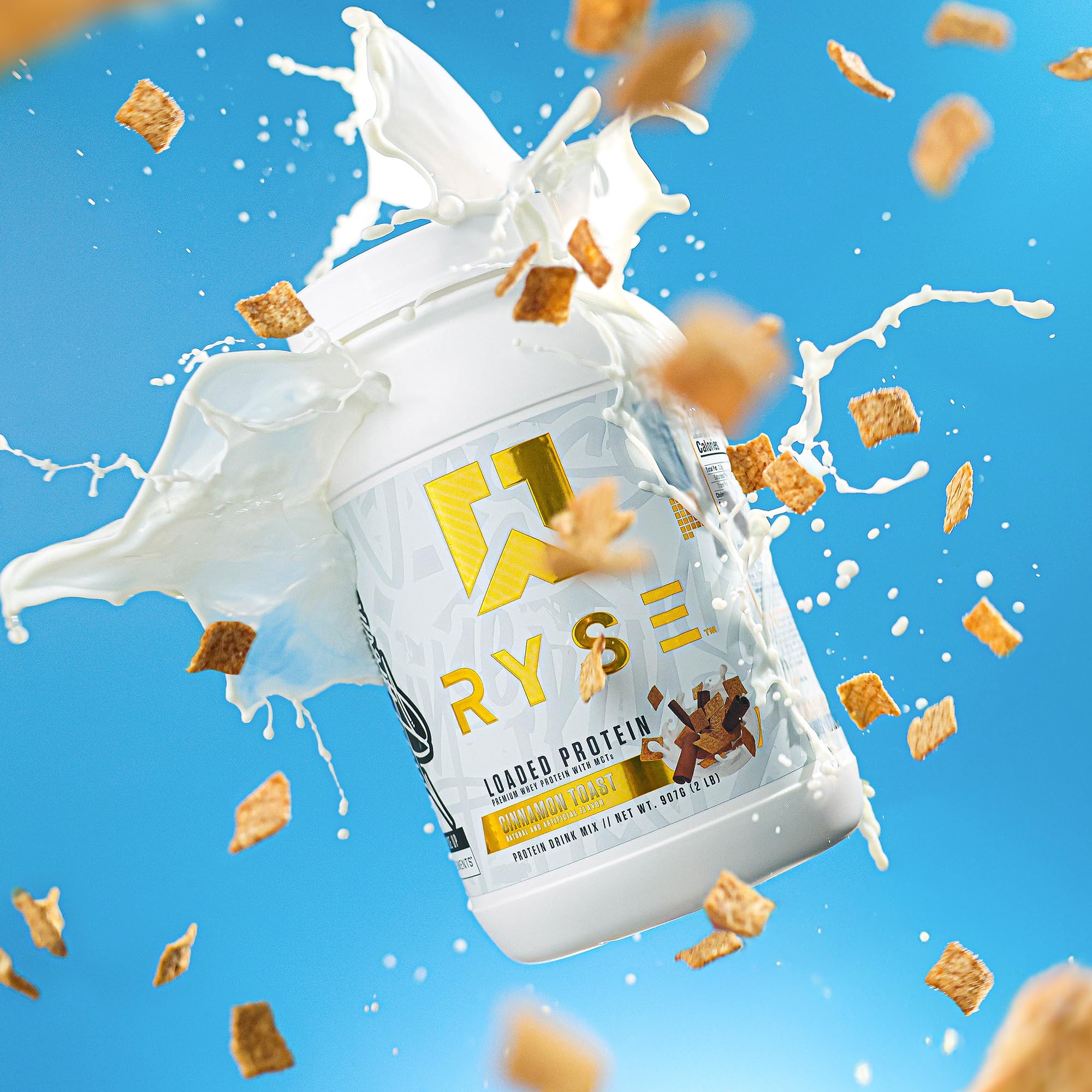 RYSE Loaded Protein Cinnamon Toast prepared shake in bowl with toppings illustrating versatility with oats.