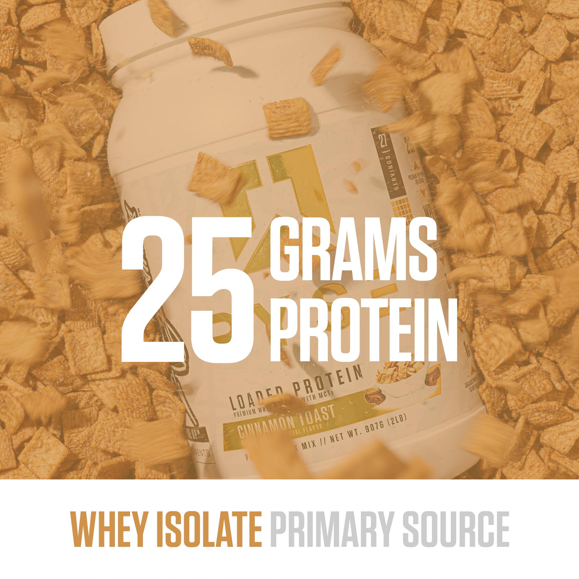 RYSE Loaded Protein Cinnamon Toast shaker with glass of prepared shake for convenient on-the-go nutrition.