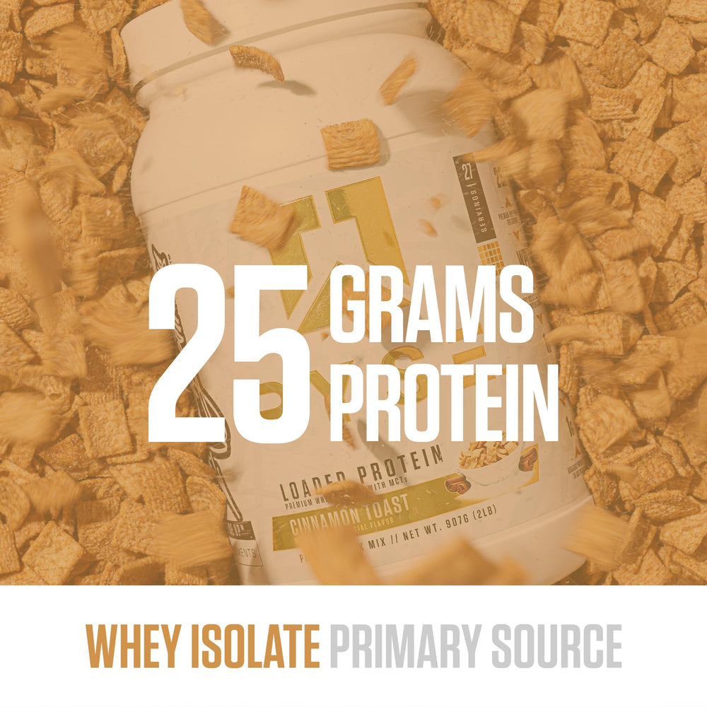 RYSE Loaded Protein Cinnamon Toast shaker with glass of prepared shake for convenient on-the-go nutrition.