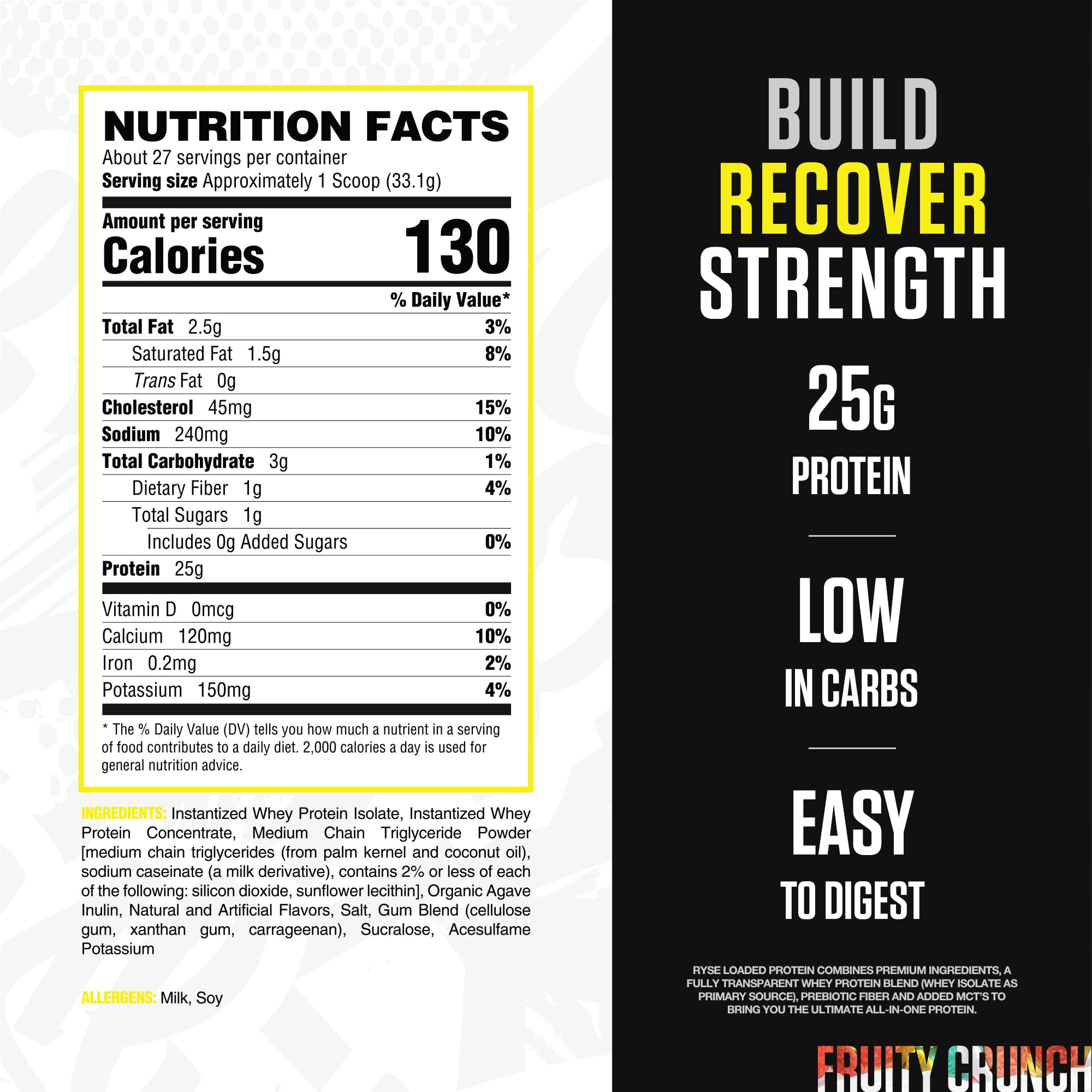 RYSE Fruity Crunch scoop and tub close-up emphasizes easy serving and convenient nutrition.