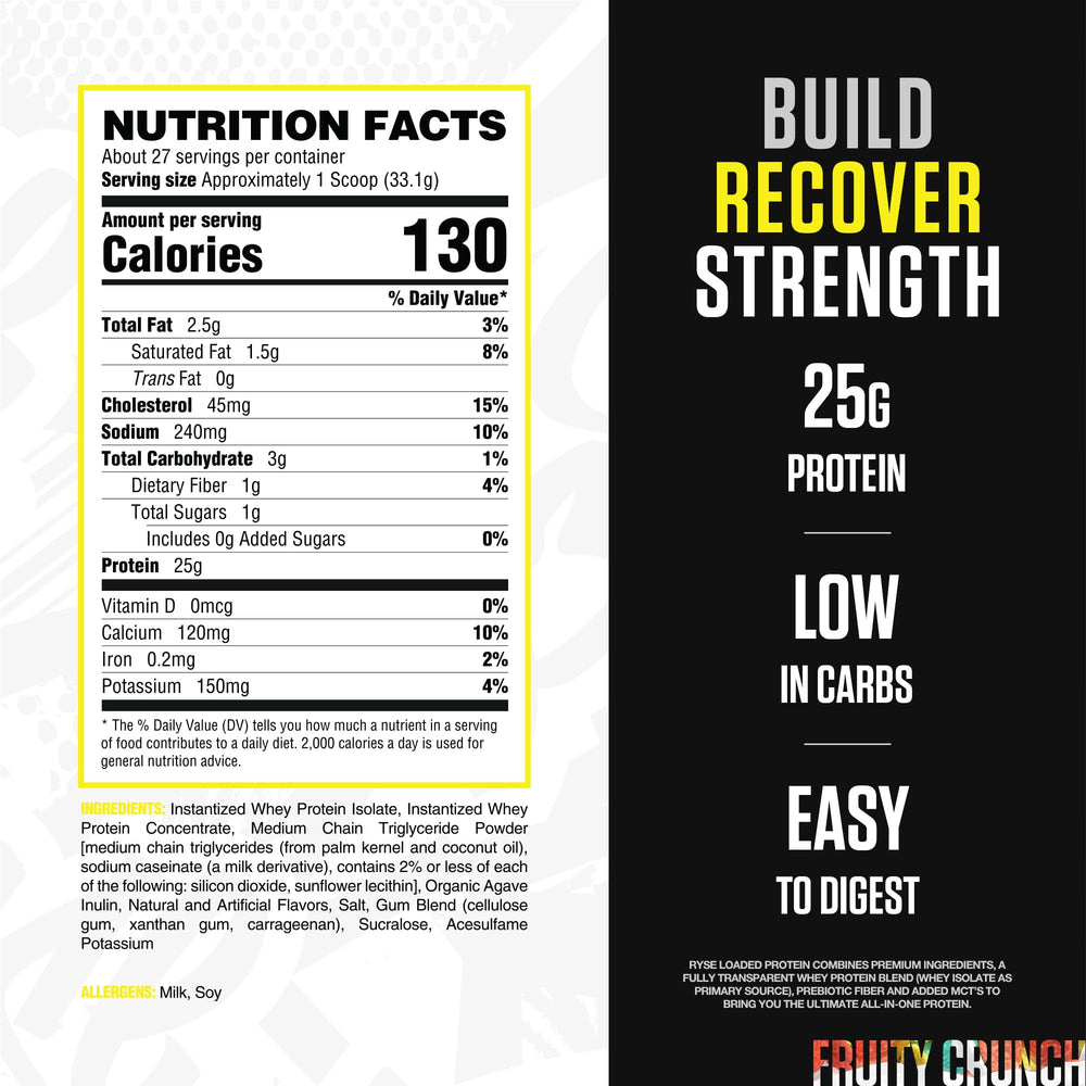 RYSE Fruity Crunch scoop and tub close-up emphasizes easy serving and convenient nutrition.