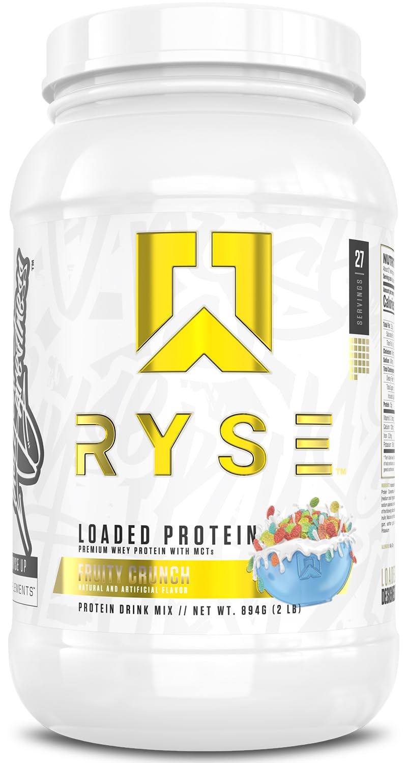RYSE Loaded Protein Powder Fruity Crunch tub front highlights premium protein and flavor.
