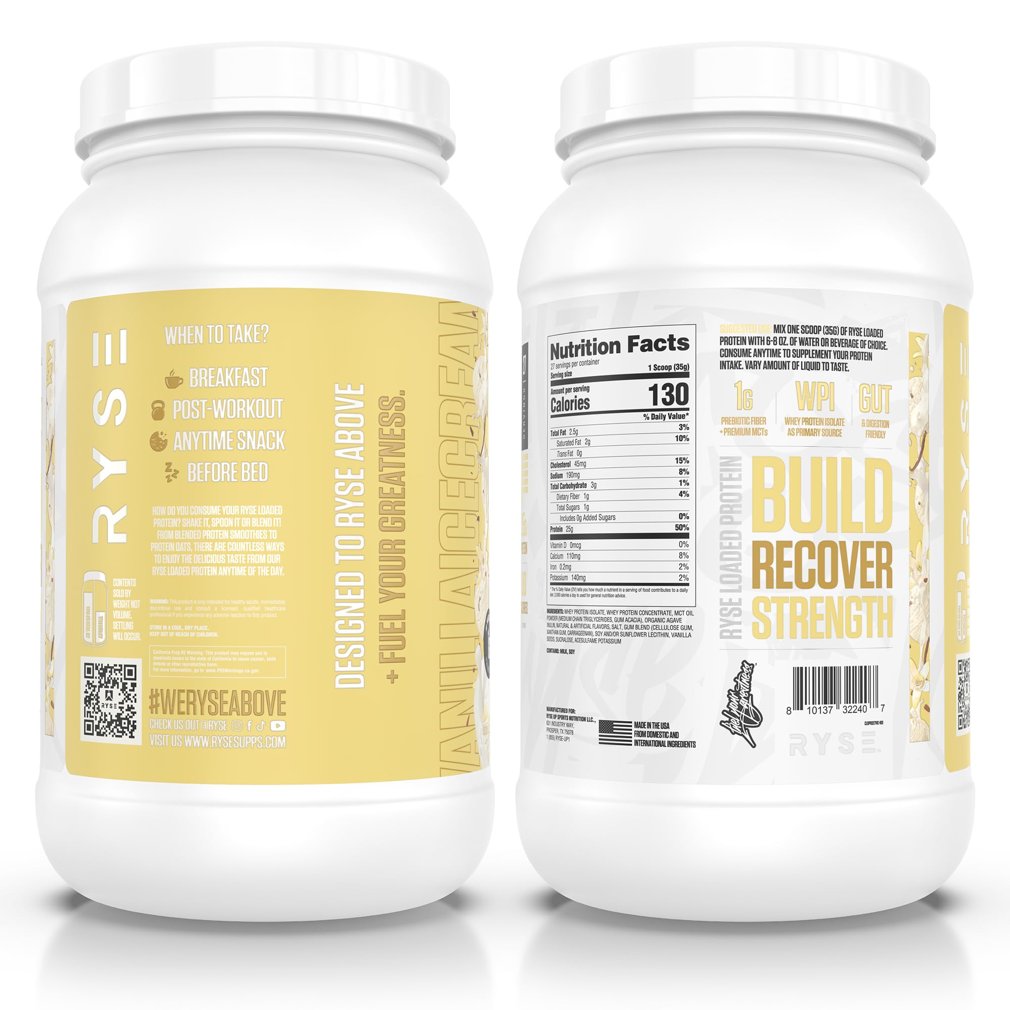 RYSE Loaded Protein ingredients panel notes prebiotic fiber and MCTs for digestive-friendly energy.