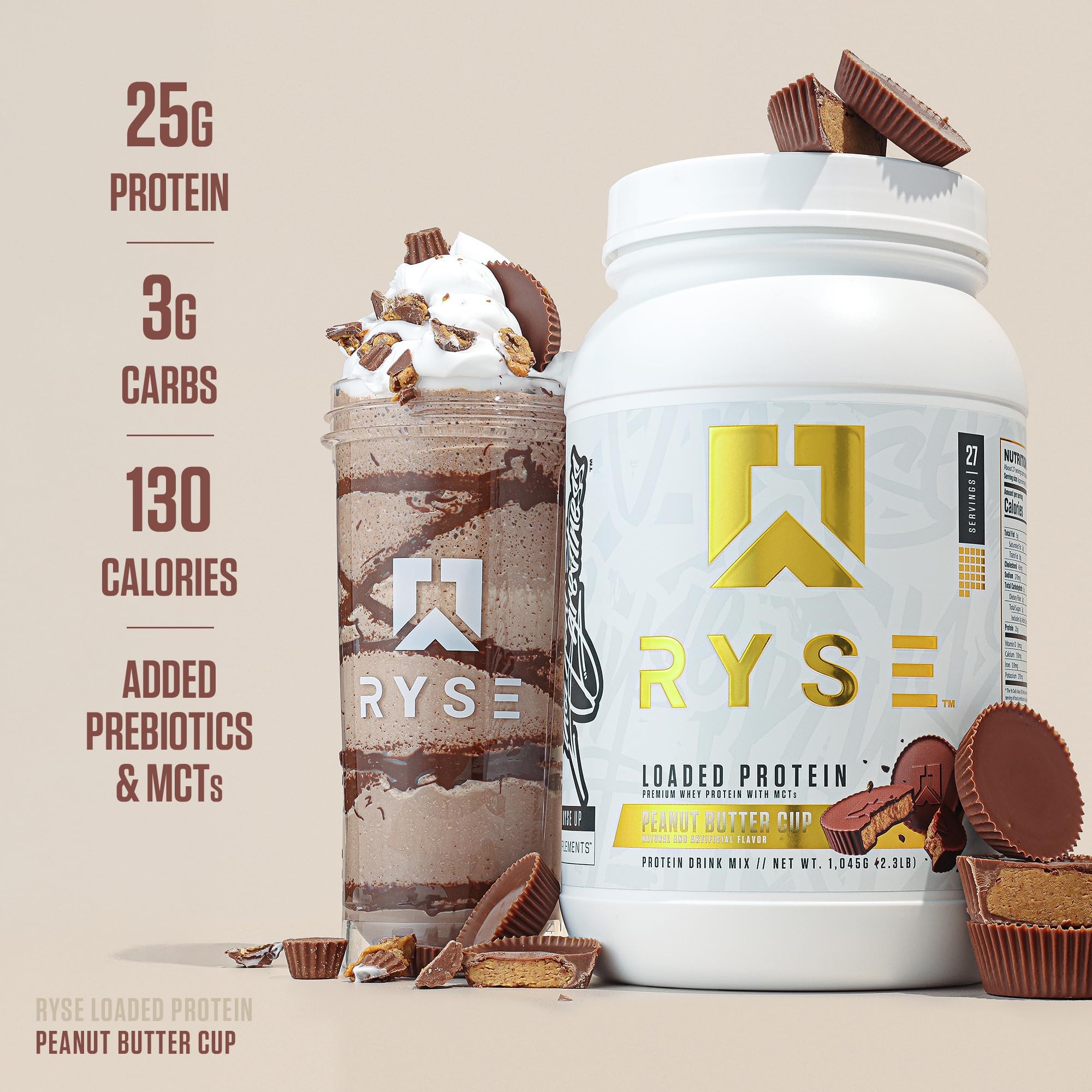 RYSE Loaded Protein Peanut Butter Cup ingredients reveal prebiotic fiber and MCTs.
