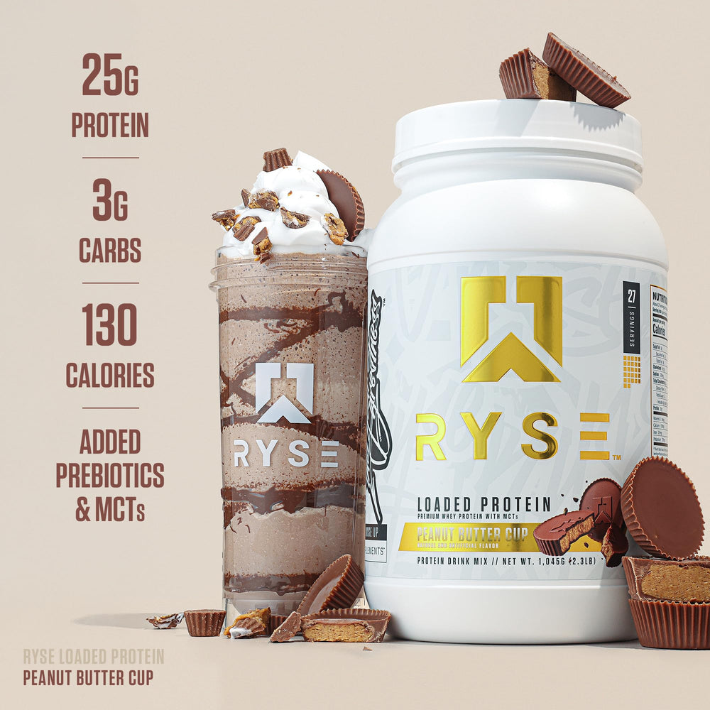 RYSE Loaded Protein Peanut Butter Cup ingredients reveal prebiotic fiber and MCTs.