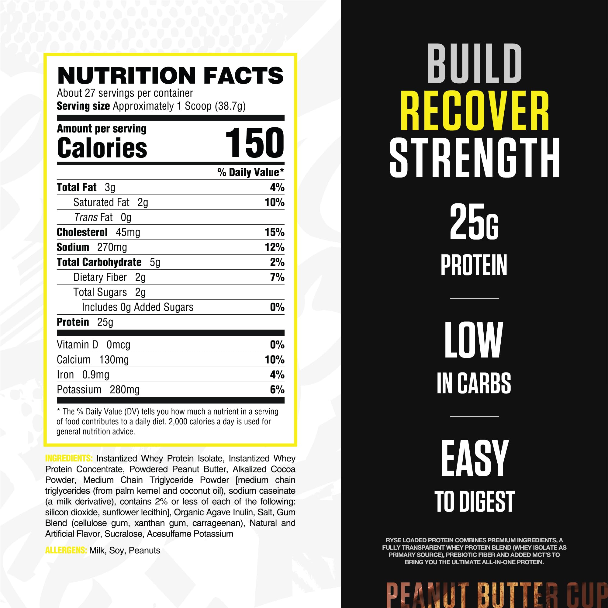 RYSE Up Loaded Protein Peanut Butter Cup nutrition facts panel for quick high-protein fueling.