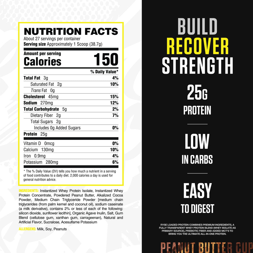 RYSE Up Loaded Protein Peanut Butter Cup nutrition facts panel for quick high-protein fueling.