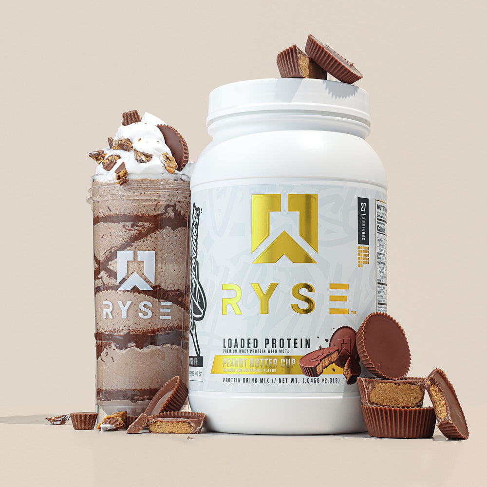 RYSE Loaded Protein Peanut Butter Cup packaging close-up shows premium formula.