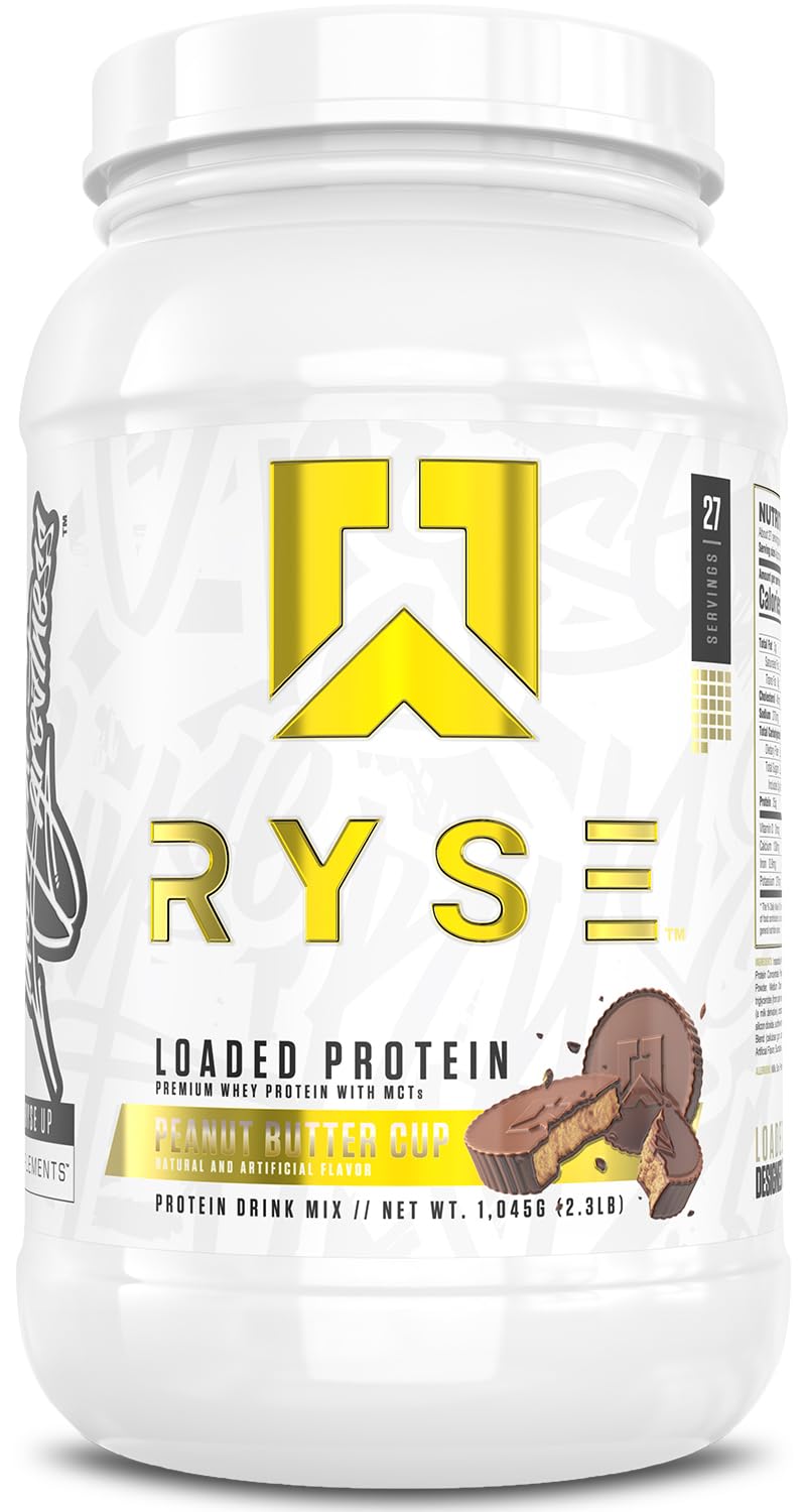 RYSE Up Loaded Protein Peanut Butter Cup tub front for muscle support and flavor.
