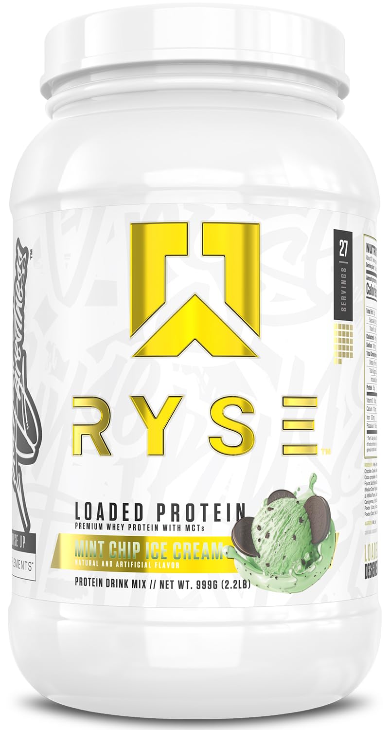 RYSE Loaded Protein Powder Mint Chip Ice Cream tub front boosts muscle support with 25g protein