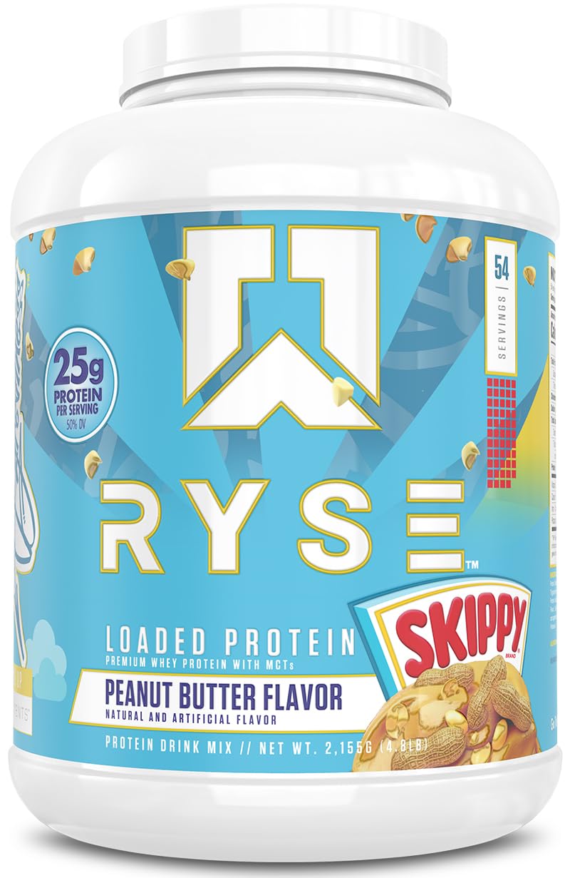 RYSE Loaded Protein Powder Skippy Peanut Butter tub delivering 25 g protein per serving.