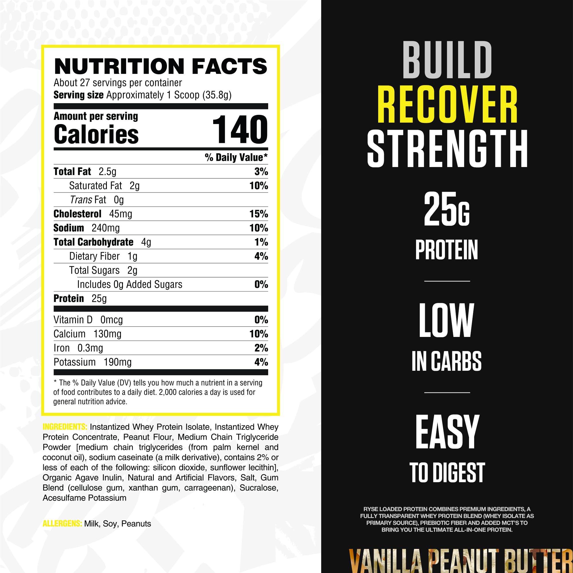 RYSE Loaded scoop beside tub highlights convenient post-workout shake.