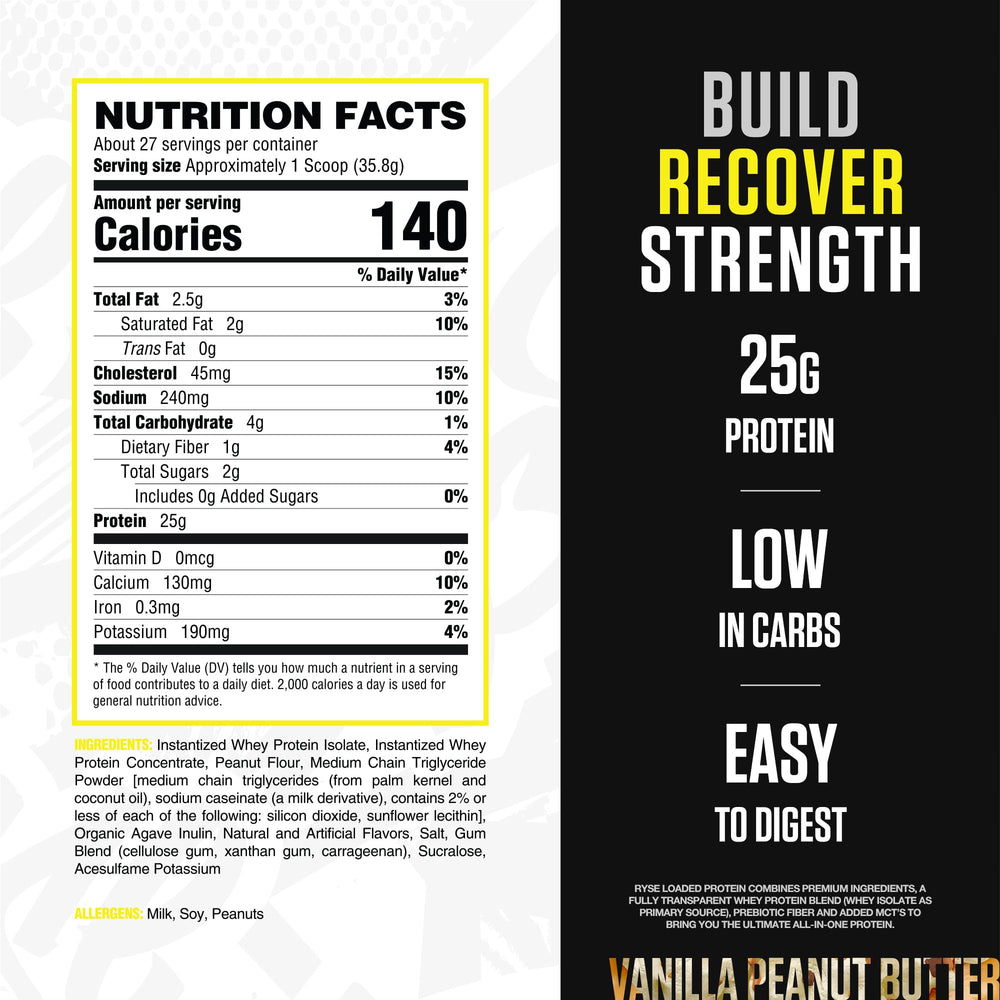 RYSE Loaded scoop beside tub highlights convenient post-workout shake.