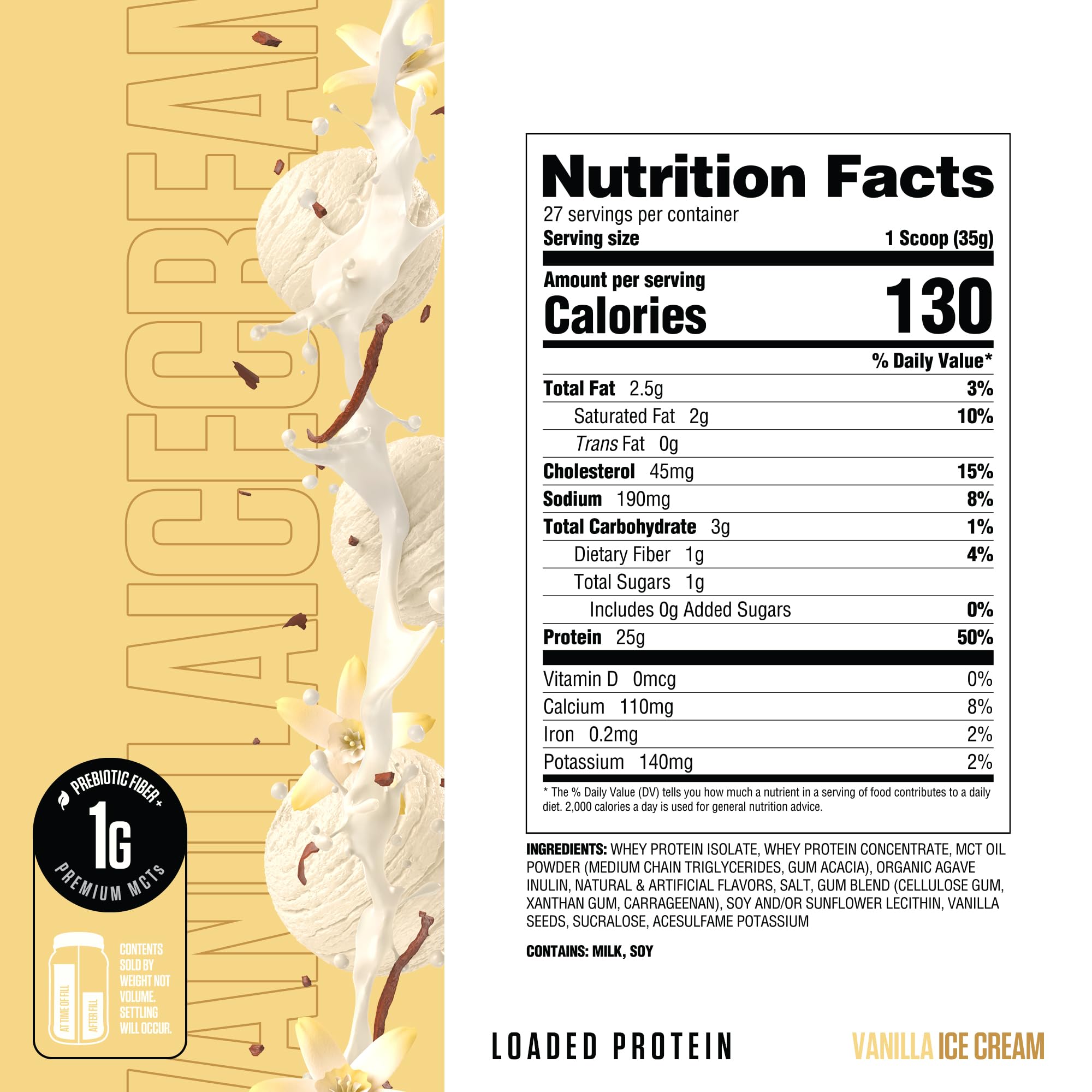 RYSE Loaded Protein label close-up highlights whey isolate and prebiotic fiber for digestion support.
