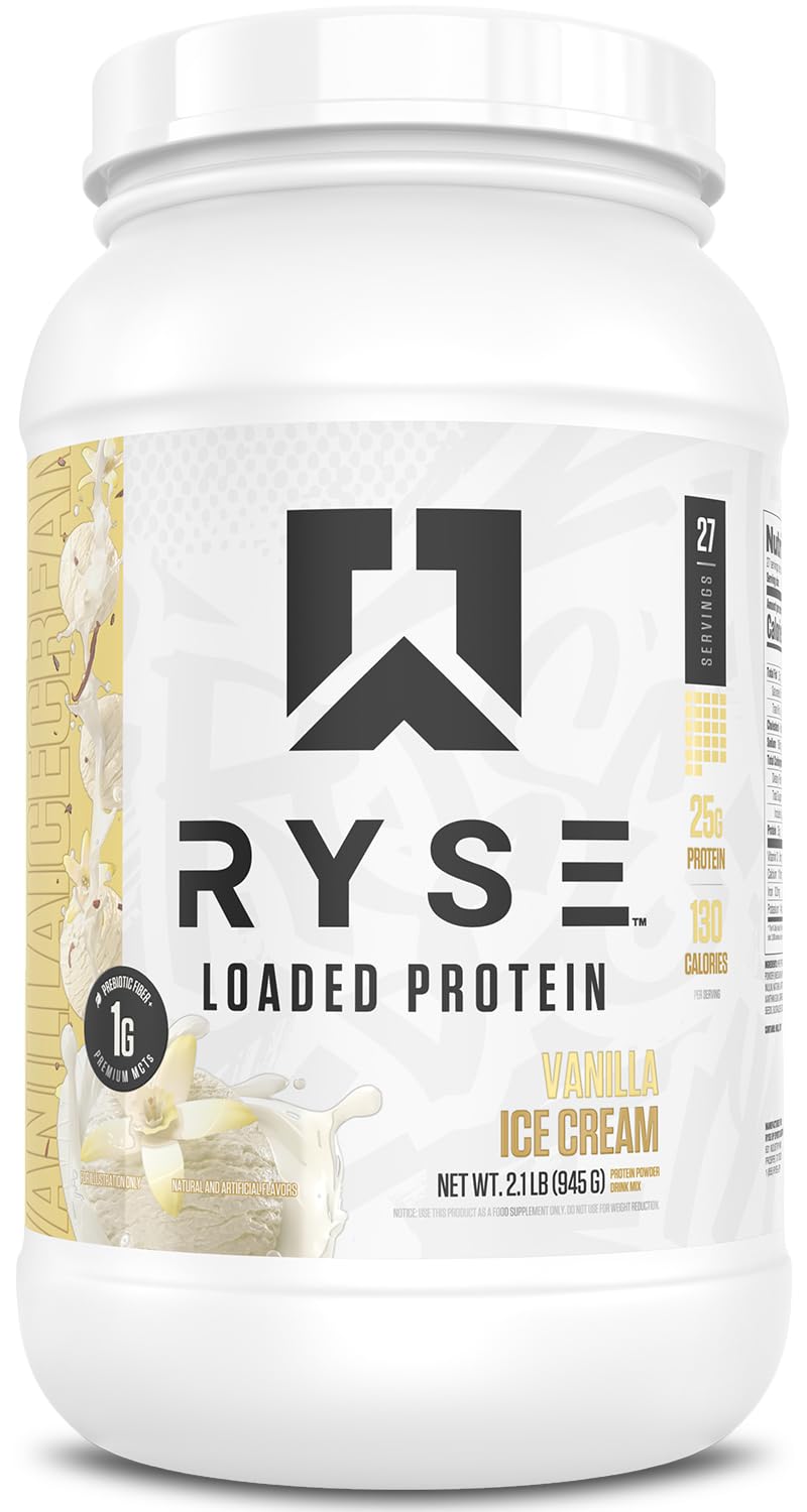 RYSE Loaded Protein Vanilla Ice Cream tub features 25g protein per serving for post-workout fueling.