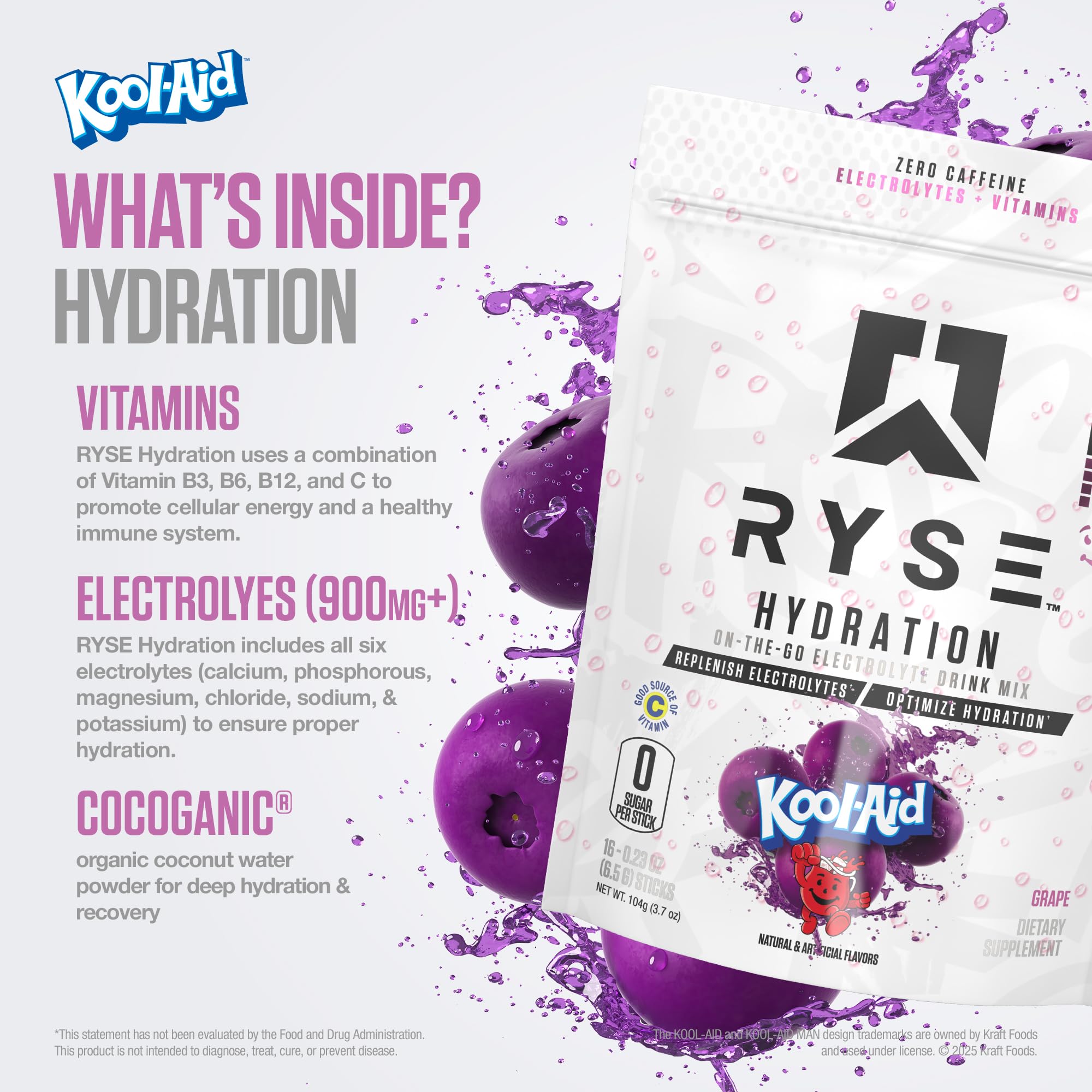 RYSE Up Hydration grape glass showing vibrant flavor for active hydration.