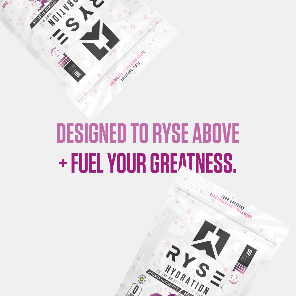 RYSE Up Hydration grape label highlights electrolytes and vitamins.