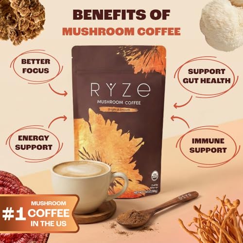 RYZE Mushroom Coffee bag open, ready to brew rich organic blend
