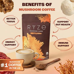 RYZE Mushroom Coffee bag open, ready to brew rich organic blend
