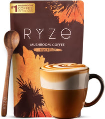 RYZE Mushroom Coffee canister showing six mushrooms for balanced energy