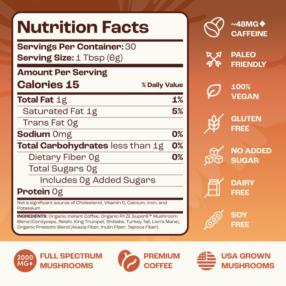 RYZE Mushroom Coffee ingredients panel highlighting six adaptogenic mushrooms