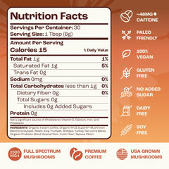 RYZE Mushroom Coffee ingredients panel highlighting six adaptogenic mushrooms