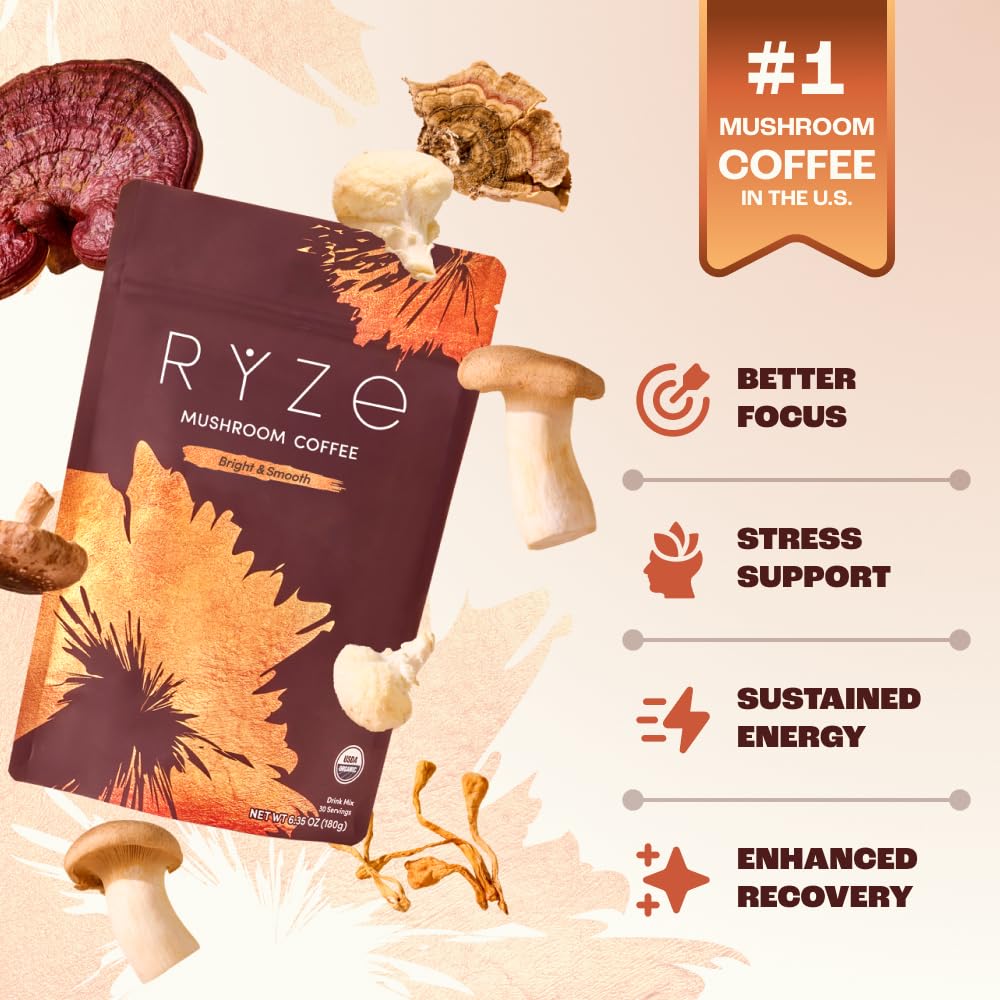 RYZE Mushroom Coffee being poured, signaling convenient instant mix